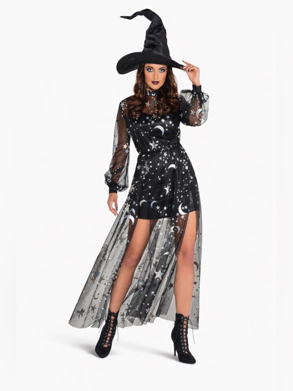 Celestial Witch Costume NEW Stars Moon Dress S/M Halloween 2PC Black Silver
